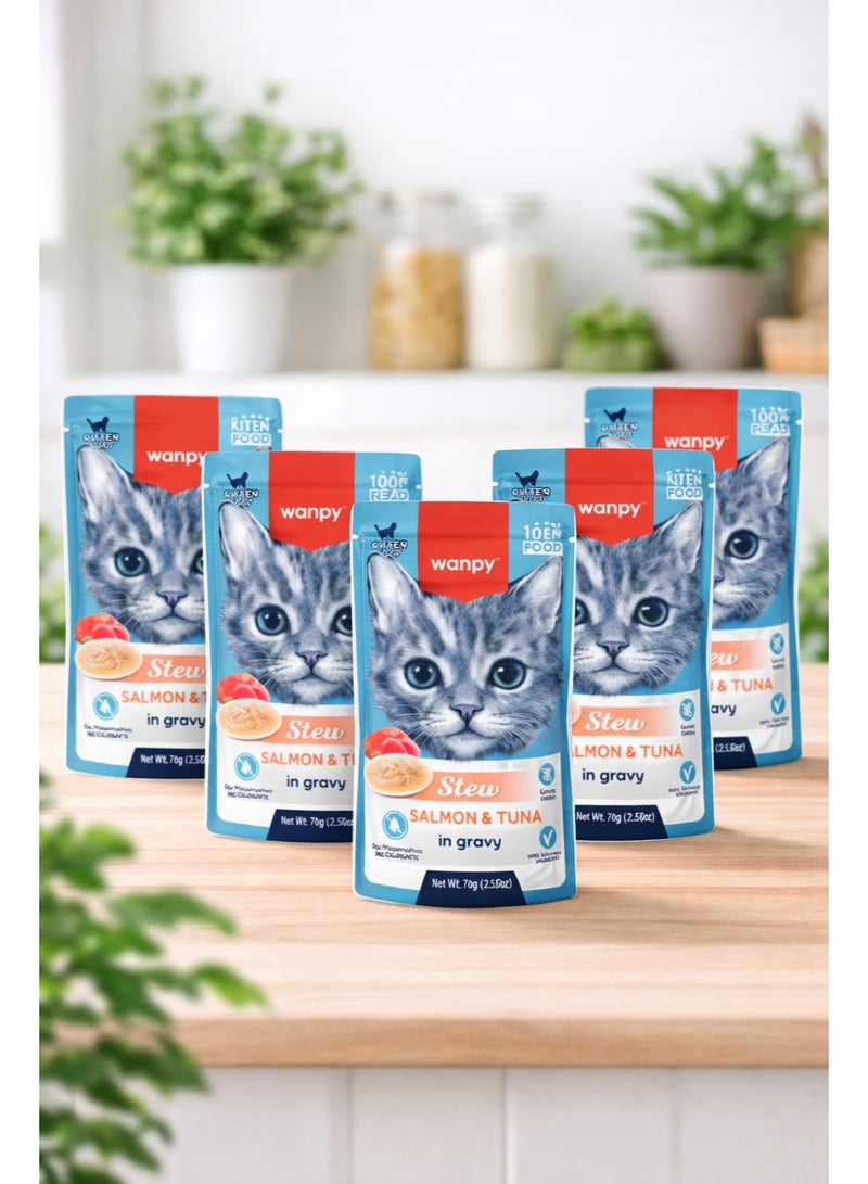 Kitten Food Stew – Salmon & Tuna in Gravy – Grain-Free 100% Real Meat Pouch – With Taurine & Vitamins – 70 g (Pack of 5)